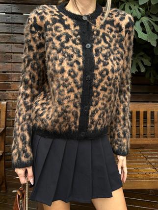 Leopar Desenli Düğmeli Hırka