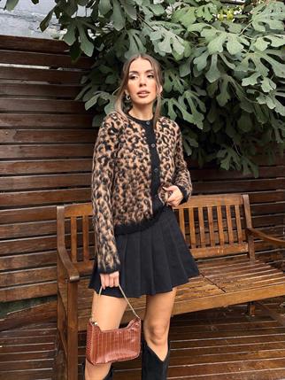 Leopar Desenli Düğmeli Hırka