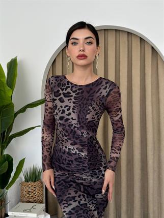 Leopar Streç Tül Elbise