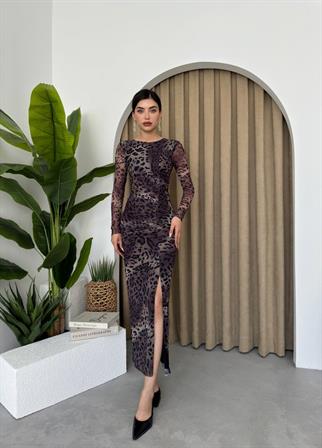 Leopar Streç Tül Elbise