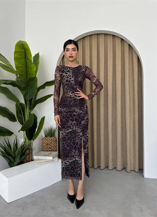 Leopar Streç Tül Elbise