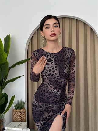 Leopar Streç Tül Elbise