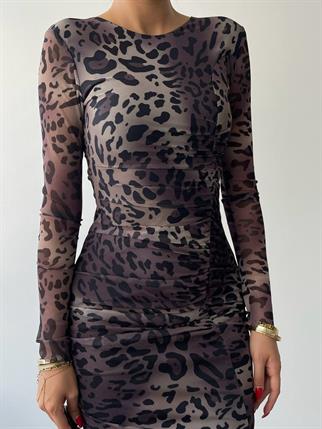 Leopar Streç Tül Elbise