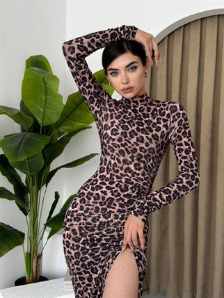 Leopar Yırtmaçlı Balıkçı Yaka Elbise