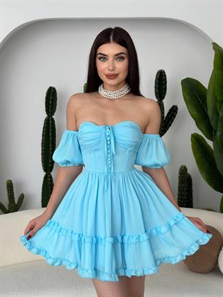 Leydi Düşük Kol Şifon Mini Gloplu Elbise