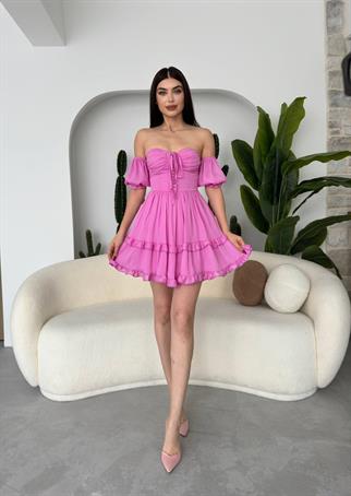 Leydi Düşük Kol Şifon Mini Gloplu Elbise