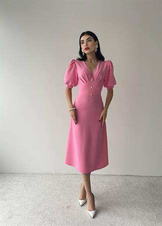 Linda Düğmeli pembe Elbise 