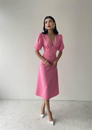Linda Düğmeli pembe Elbise 