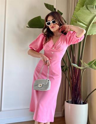 Linda Düğmeli Elbise - Pembe