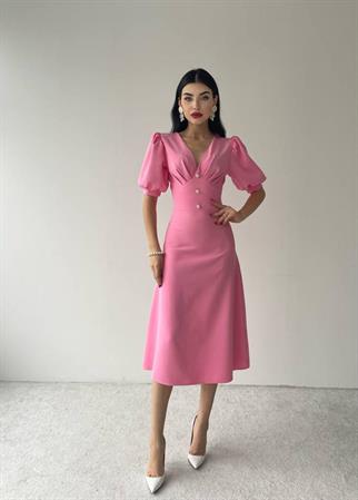 Linda Düğmeli pembe Elbise 