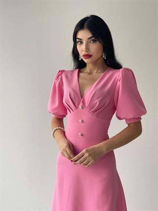 Linda Düğmeli pembe Elbise 