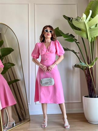 Linda Düğmeli Elbise - Pembe