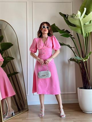 Linda Düğmeli Elbise - Pembe
