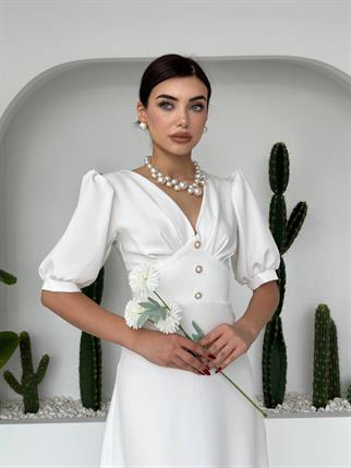 Linda Önü Düğmeli Midi Elbise