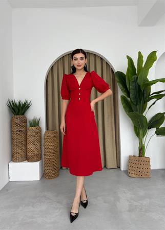 Linda Önü Düğmeli Midi Elbise