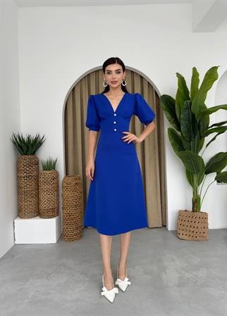 Linda Önü Düğmeli Midi Elbise