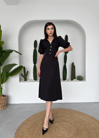Linda Önü Düğmeli Midi Elbise