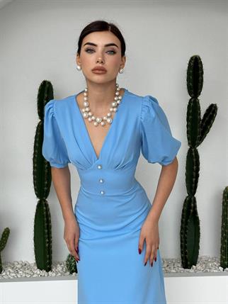 Linda Önü Düğmeli Midi Elbise