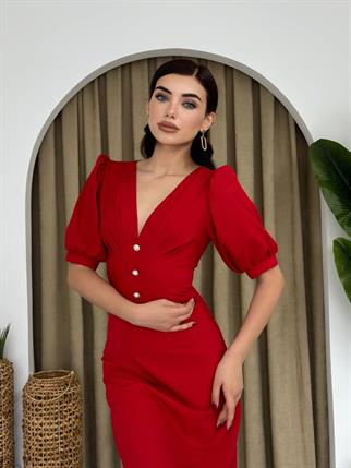 Linda Önü Düğmeli Midi Elbise