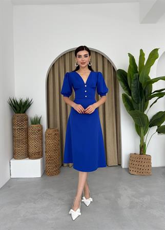 Linda Önü Düğmeli Midi Elbise