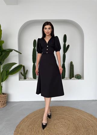 Linda Önü Düğmeli Midi Elbise