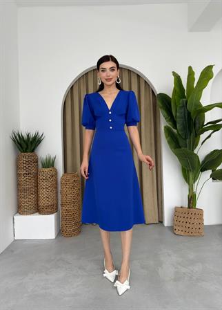 Linda Önü Düğmeli Midi Elbise