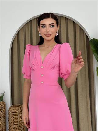 Linda Önü Düğmeli Midi Elbise