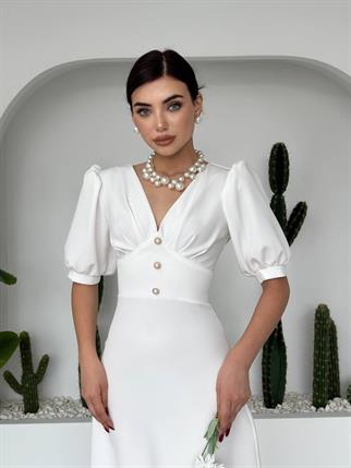 Linda Önü Düğmeli Midi Elbise