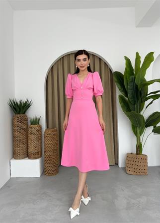 Linda Önü Düğmeli Midi Elbise