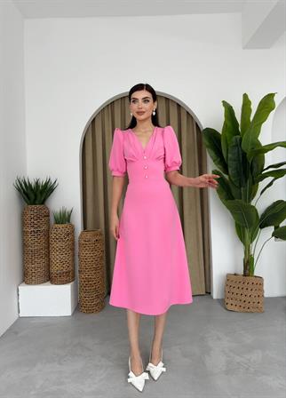 Linda Önü Düğmeli Midi Elbise