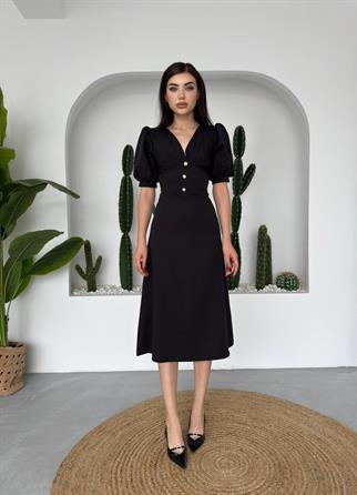 Linda Önü Düğmeli Midi Elbise