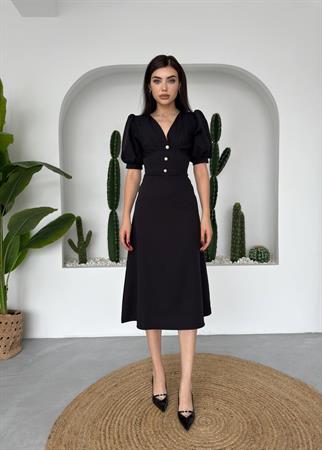 Linda Önü Düğmeli Midi Elbise