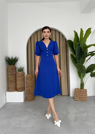 Linda Önü Düğmeli Midi Elbise