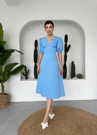 Linda Önü Düğmeli Midi Elbise