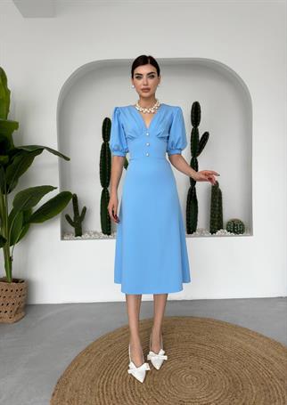 Linda Önü Düğmeli Midi Elbise