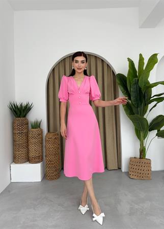 Linda Önü Düğmeli Midi Elbise
