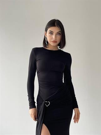 Love Uzun Siyah Kalp Detay Elbise