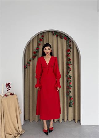 Marina V Yaka Düğmeli Midi Elbise