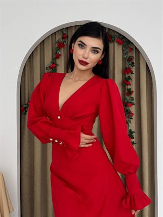 Marina V Yaka Düğmeli Midi Elbise