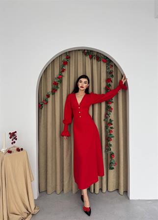 Marina V Yaka Düğmeli Midi Elbise