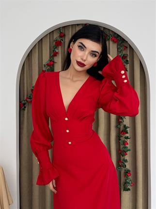 Marina V Yaka Düğmeli Midi Elbise