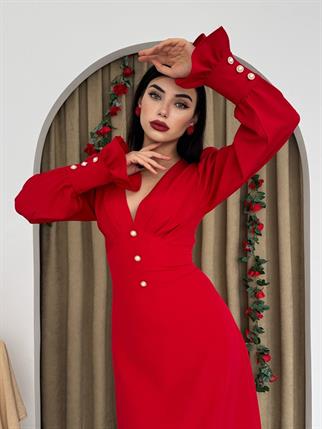 Marina V Yaka Düğmeli Midi Elbise