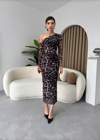 Marya Leopar Streç Astarlı Elbise
