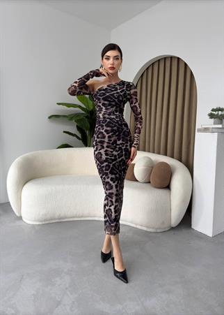 Marya Leopar Streç Astarlı Elbise