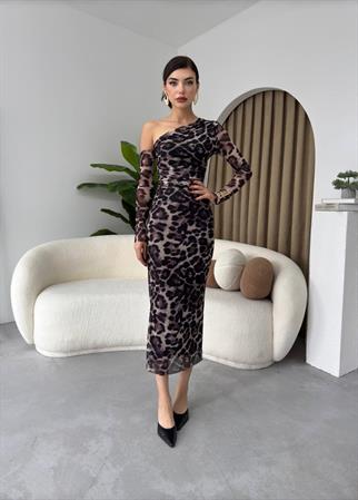 Marya Leopar Streç Astarlı Elbise