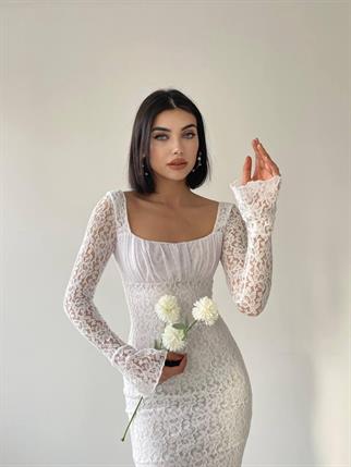 Matilda Dantel Uzun Beyaz Elbise