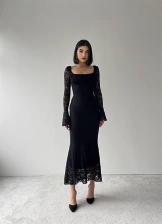 Matilda Dantel Uzun Siyah Elbise