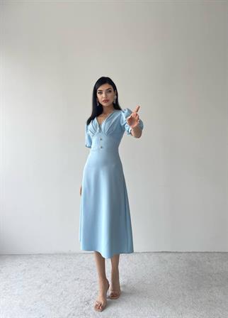 Linda Önü Düğmeli Midi Elbise - Bebe Mavi