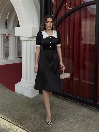 Maya Saten Bebe Yaka Düğmeli Midi Elbise