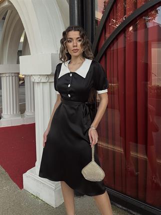 Maya Saten Bebe Yaka Düğmeli Midi Elbise